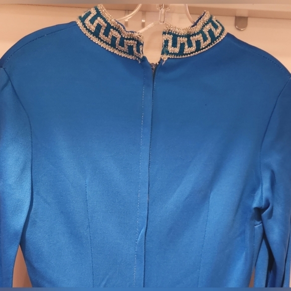 70s Twiggy MOD Zip Hi Neck Sparkly Greek Key Trim Star Trek Vin Mini Dress OO - Picture 9 of 16